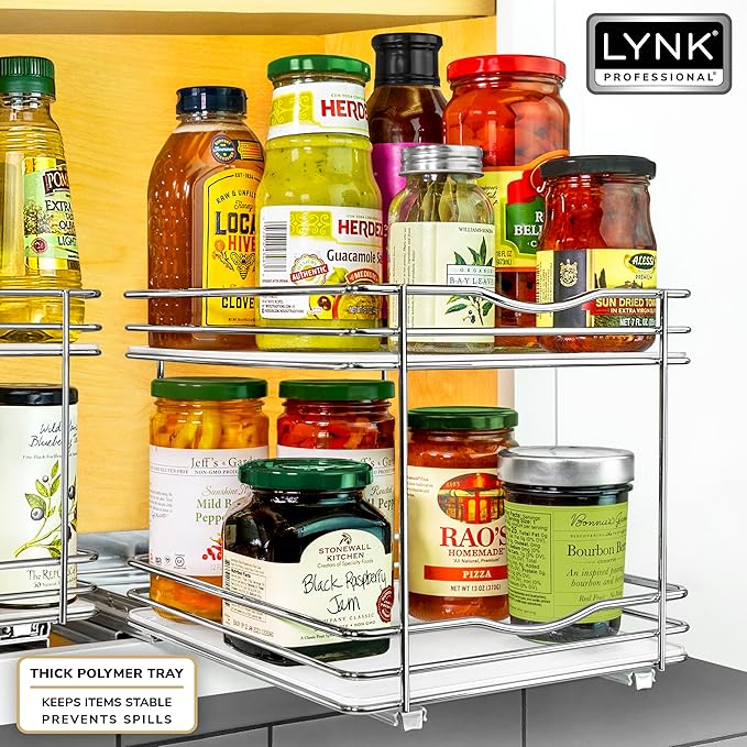 LYNK PROFESSIONAL® Pull Out Spice Rack Organizer for Inside Kitchen Cabinets - 8-3/8 inch Wide - Slide Out Drawer – Chrome Sliding Spice Cabinet Organization Shelf Racks - 2 Tier