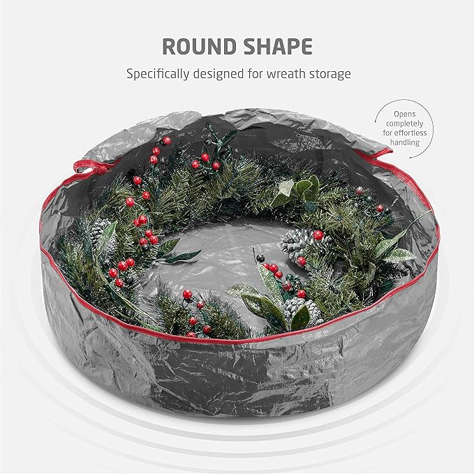 ZOBER Christmas Wreath Storage Container 24 Inch - Wreath Bag for Artificial Wreaths Box - Dual Zippered Wreaths Storage Bag with Strong Durable Handles - Gray