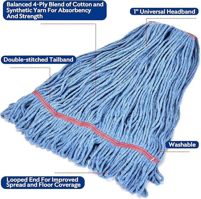 Matthew Cleaning 20oz Heavy Duty Mop Head Commercial Replacement for General and Floor Cleaning , Wet Industrial Blue Cotton Looped End String Head Refill (Case of 12) Blue