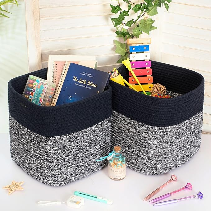 MINTWOOD Design 3-Pack 11x11in Woven Cube Storage Bin and Shelf Baskets, Cute Decorative Square Organizer for Closet, Classroom, Bathroom, Dog and Cat Toys, and Books, Navy Blue