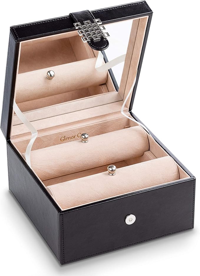 Glenor Co Bracelet Jewelry Box with 2 Removable Rolls - Holder Stores Bracelets, Bangles & Watches - Organizer w Metal Closure - Large Mirror - PU Leather - Display on Stand or Dresser - Black