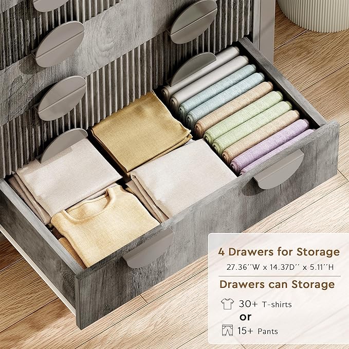 Fluted Dresser for Bedroom with 6 Drawers, 44.5" Tall Chest of Drawers with Raised H Legs and Curved Profile Design, Wood Closet Clothes Storage Organizer for Bedroom, Hallway, Grey