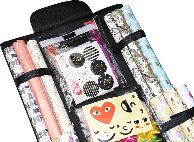 Freegrace Double Sided Hanging Gift Wrap Organizer | Large 16" x 41" Wrapping Paper Rolls Storage Bag | Tearproof & Space Saving Closet Gift Bag Organization Solution (Black)