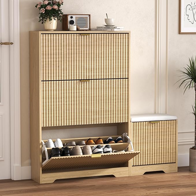 Shoe Cabinet Storage for Entryway with 4 Flip Drawers, Oak Fluted Shoe Cabinet with Bench, Wooden Hidden Shoe Rack Freestanding Narrow Slim Shoes Storage Organizer for Hallway, Entrance