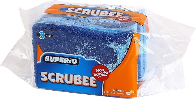 Superio Non-Scratch Cellulose Sponge Scrub (12-Pack) Heavy Duty Kitchen Sponges Scrubbers with Scouring Pad (Blue)