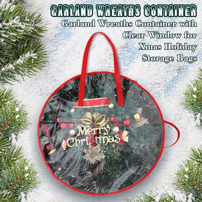 Shappy 4 Pcs Christmas Wreath Storage Bag Wreath Storage Container with Clear Window Plaid Box with Handles for Storing Garland Holiday Wrapping(Green,24 x 8 Inch)