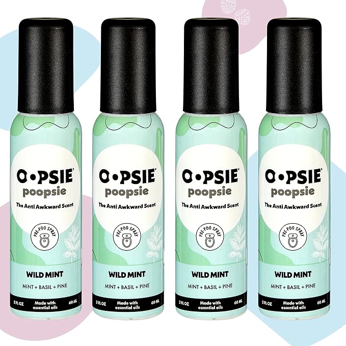 Oopsie Poopsie Pre Poop Spray - 4 Pack Natural Pre Poo Toilet Spray for Bathrooms, Trap Odors & Eliminate Embarrassment, 2oz Travel Size Pre Poo Air Freshener Spray (Wild Mint)