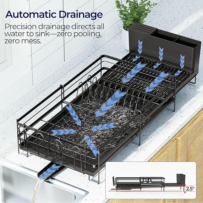 Pantasia Large Dish Drying Rack, Expandable Dish Rack for Kitchen Counter, Upgraded Dish Drainer with Drainboard Set, Multifunctional Dishrack with Utensil Holder & Cup Holder, 13.4"-28.7" L x 11.8" W