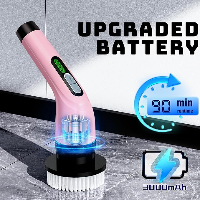 VigorDay Electric Spin Scrubber - Cordless Bathroom Scrubber with 7 Brush Heads - Dual Speed IPX7 Waterproof Power Scrubber for Heavy-Duty Bathtub, Glass, Tile, and Car Cleaning (Pink)