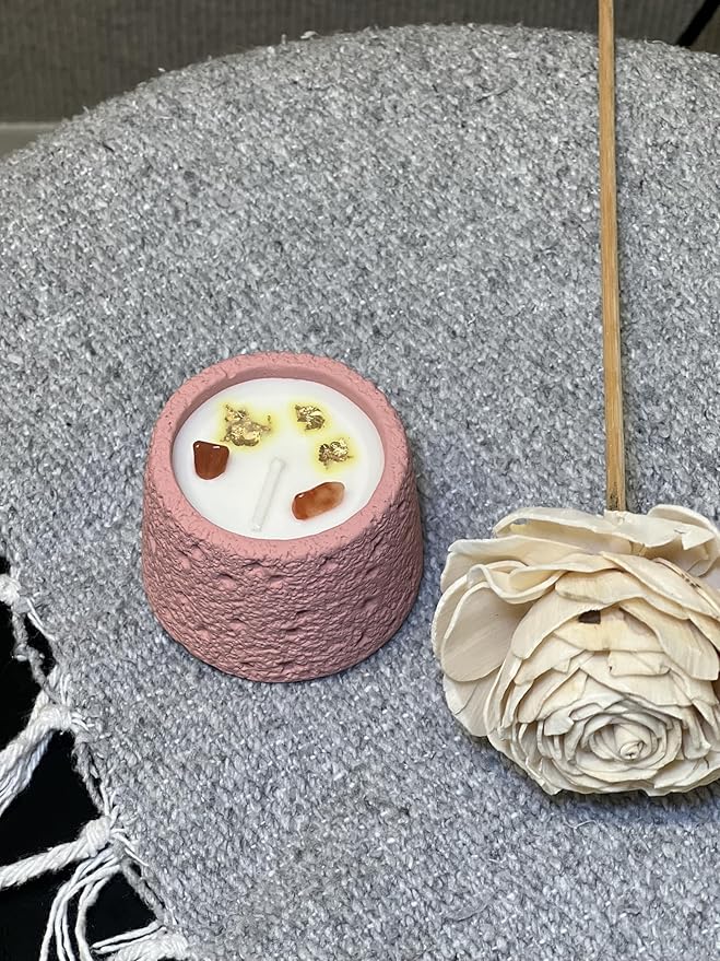 Sacral Chakra Sunstone Candle – Tangerine Rose Scented Soy & Beeswax Candle with Sunstone | Handmade Soft Pink Cement Jar | Love, Creativity & Emotional Balance Gift (7.1 oz / 200 g)