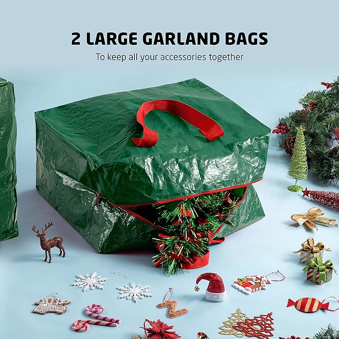 ZOBER Christmas Tree Storage Bag - With 2 Ornaments Accessories/Garland Bags - Fits 7.5 Ft Trees - Plastic, Waterproof Christmas Tree Bag For Storage Box For Xmas - Strong, Durable Handles - Green