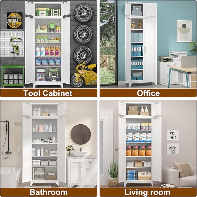 90" Metal Kitchen Pantry Cabinet, 75" Pantry Cabinets with 15" Small Cabinets, Freestanding Kitchen Storage Cabinet for Dining Room, Living Room, Alacena para Cocina, Assembly Required, White