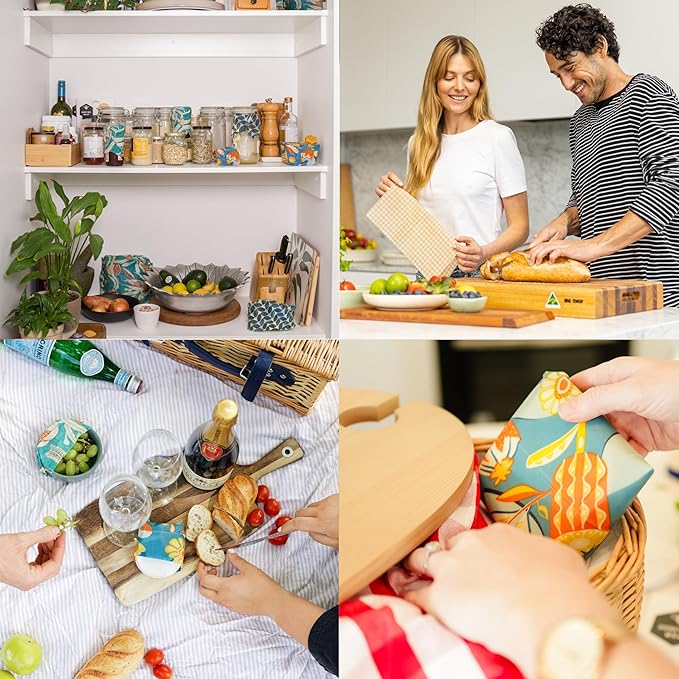 Honeybee Wrap Beeswax Wraps for Food - The Kitchen Collection - Organic Cotton Beeswax Wrap - Reusable Beeswax Food Wrap - Plastic Wrap/Sandwich Bags Alternative - 4 Pack, S, M, L & XL