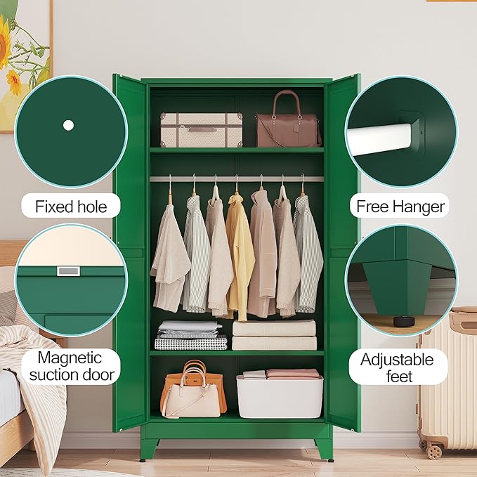 71 "Metal Armoire Wardrobe Closet, Steel Clothing Storage Cabinet with Adjustable Shelves and Hanging Rod, Household Steel Wardrobes Storage Cabinet with Adjustable standing feet (Wardrobe-Green)