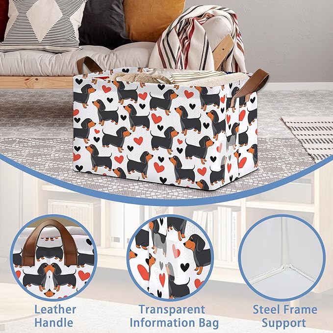 Dachshund Storage Basket,Red Heart Collapsible Storage Bin Cubes for Living Room Bedroom Blankets Home Storage 17x11.5x10Inch