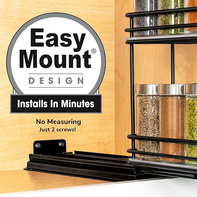 LYNK PROFESSIONAL® Pull Out Spice Rack Organizer for Inside Kitchen Cabinets - 4-3/8 inch Wide - Slide Out Drawer – Black Sliding Spice Cabinet Organization Shelf Racks - 2 Tier