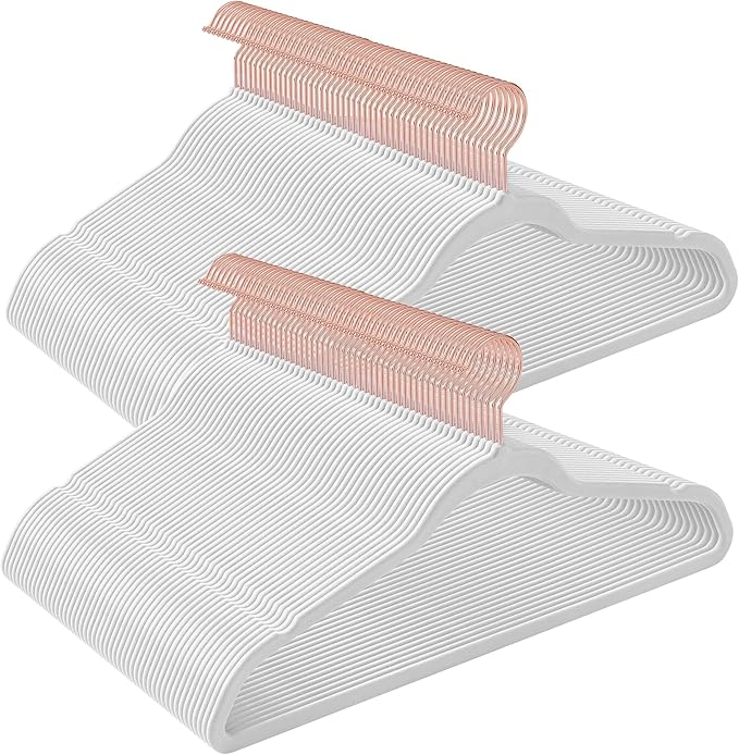 SONGMICS Slim Velvet Hangers, Non-Slip Clothes Hangers with Rose Gold Swivel Hooks, Space-Saving, for Closet, 100 Pack, White UCRF026W100