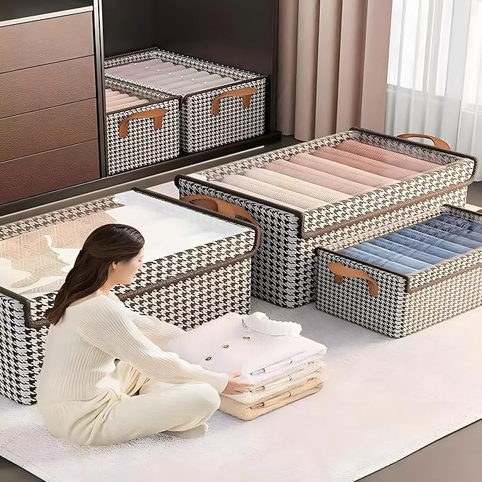 4PCS Foldable Storage Box with Lid - Extra Large Fabric Closet Organizer for Clothes, 18.5x11x7.9 Inch Canvas Bin, Collapsible Design for Bedroom, Shelf, Closet, Underbed (Black & White)