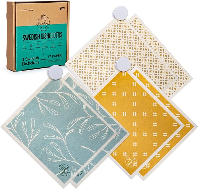Harps&Seb Swedish Dishcloths for Kitchen Dishcloths - 6 Pack, Reusable Paper Towels with Clips, Super Absorbent Washable Non-Scratch Swedish Dish Towels, No Odor, Biodegradable