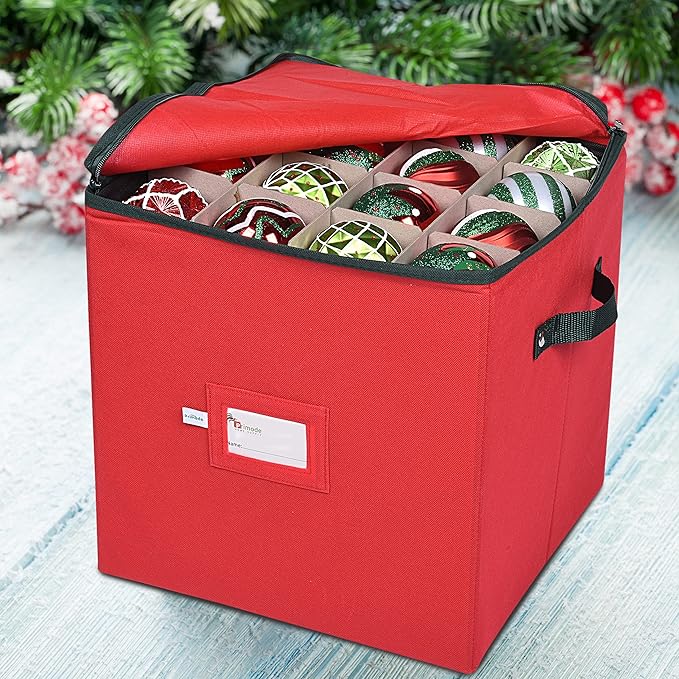 Primode Christmas Ornament Storage Box, 4 Individual Trays Xmas Storage Container, Fits 64 Ornaments Decoration Balls, Constructed of Durable Polyester Material (Red)