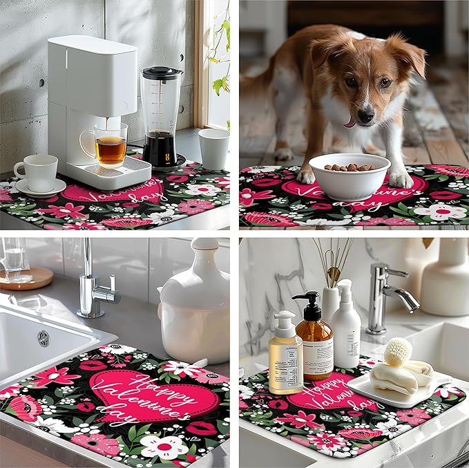 Heart Dish Drying Mat - 16x18 Inch Absorbent Dish Drainer Rack Mat - White Red Rose Floral Drying Pad - Valentine's Day Kitchen Accessories