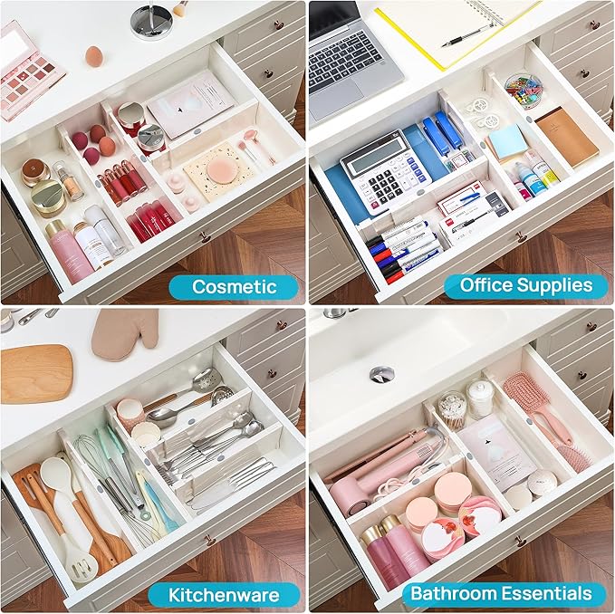 Vtopmart 6 Pack Drawer Dividers for Clothes, 4" High 11.3"-17" Adjustable Expandable Dresser Drawer Organizer, Plastic Drawers Separators for Dresser, Baby Clothes, Underwear, Kitchen & Office Storage