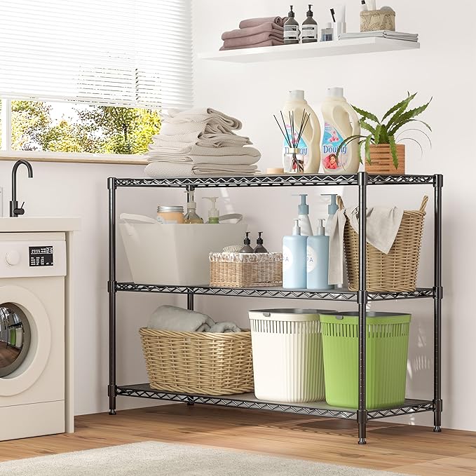 RackBro 795LBS 3-Shelf Adjustable Storage Shelves 36" W x 14" D x 36" H Metal Shelving Unit Heavy Duty Wire Rack Small Organizer with 3 Shelf Liners for Kitchen Pantry Bathroom Closet Garage Black