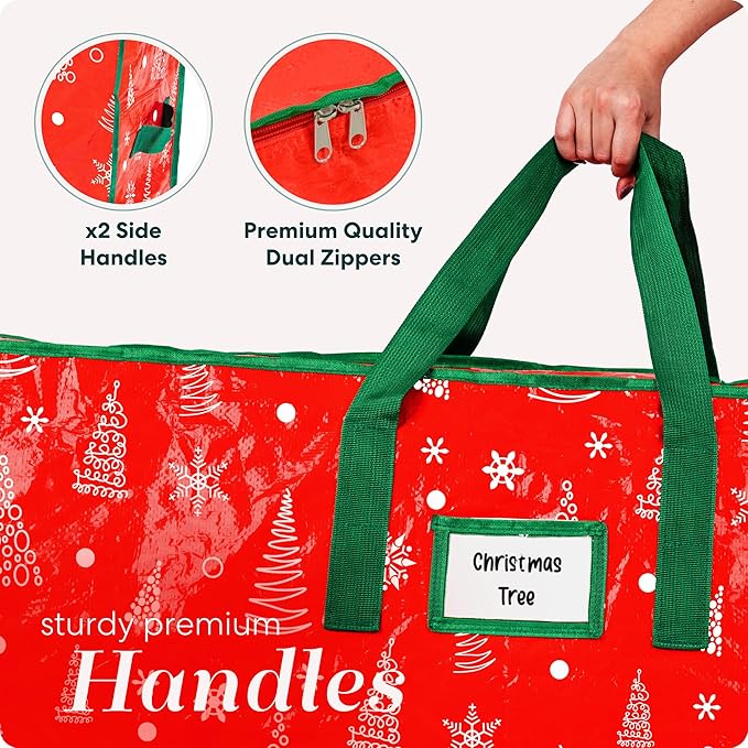Christmas Tree Storage Bag - Stores 7.5 Foot Artificial Xmas Holiday Tree, Zippered Bag, Durable Waterproof Material, Carry Handles - Protects Against Dust, Insects and Moisture (Red Printed)