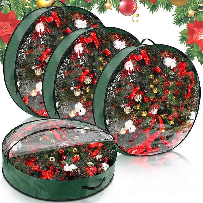Aliceset 4 Pack Wreath Storage Containers, Christmas Ornament Garland Wreath Storage Bags with Handle Dual Zipper Large Decorative Storages Box for Winter Wreaths(36 x 36 x 7.8 Inch,Green)