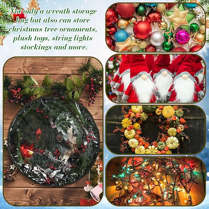 4 Pack Wreath Storage Container, 36 Inch Christmas Wreath Storage Box with Clear Window and Handles Upgrade Oxford Cloth Garland Bags with Dual Zipper for Xmas Wrapping, Green