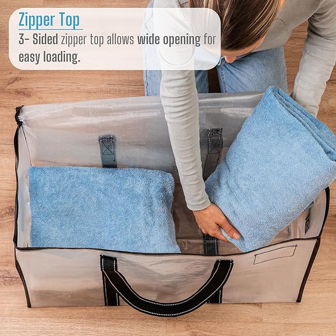 VENO 4 Pack Moving Bags & Large Christmas Storage Bins with lids for Decorations, Garland, Lights. Moving Boxes Packing Supplies for College Dorm. Extra Large Heavy Duty Totes (Clear-4 Pack)