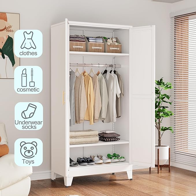 71 "Metal Armoire Wardrobe Closet, Steel Clothing Storage Cabinet with Adjustable Shelves and Hanging Rod, Household Steel Wardrobe Storage Cabinet with Adjustable Standing feet (White)