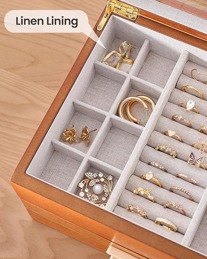 Lolalet Jewelry Box, Clear Window Wood Grain Jewelry Storage for Earrings Bracelets Necklaces Rings, High Capacity Organizer for Women -Cherrywood, 3 Layers