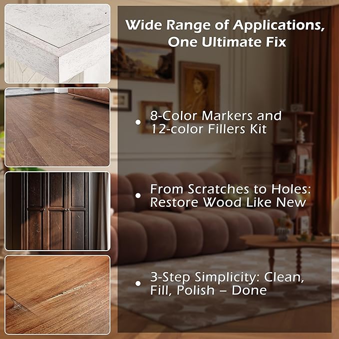 Oriflame Wood Furniture Repair Kit: 12-Color Filler and 8-Color Markers - Wood Touch Up for Scratches/Cracks/Holes/Stains in Floors/Table/Cabinets(Hardwood/Laminate)