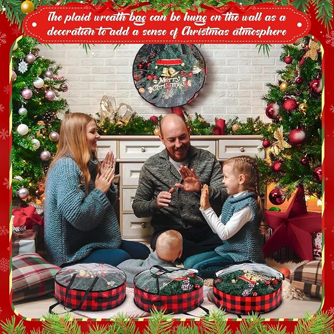 Shappy 4 Pcs Christmas Wreath Storage Bag Wreath Storage Container with Clear Window Plaid Wreath Storage Box with Handles for Storing Garland Holiday Wreath Wrapping(30 Inch,Red Black)
