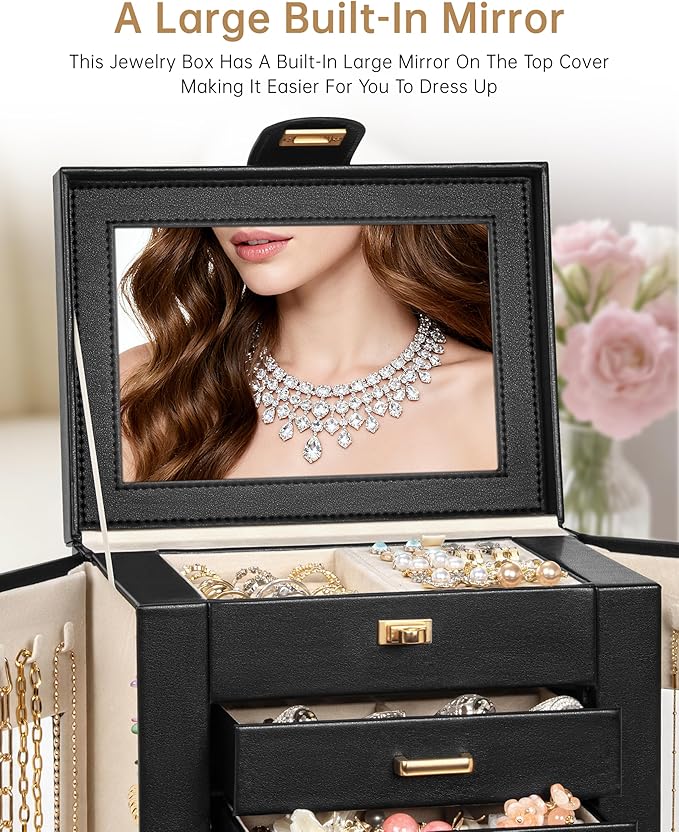 AKOZLIN Jewelry Box 6-Tier Organizer Functional 360° Rotating Jewelry Storage Case for Women Girls Ring Necklace Earring Bracelet Holder with Mirror