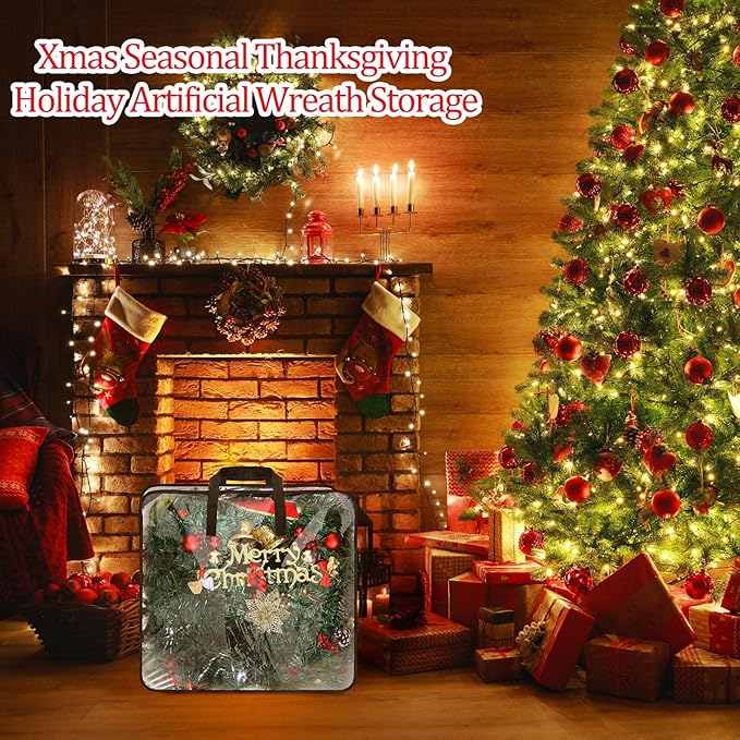 4 Pcs Christmas Wreath Storage Container Clear Organizer Bag for Xmas Moving With Handles and Dual Zipper Holder Plastic Tote (24 x 7 Inch)