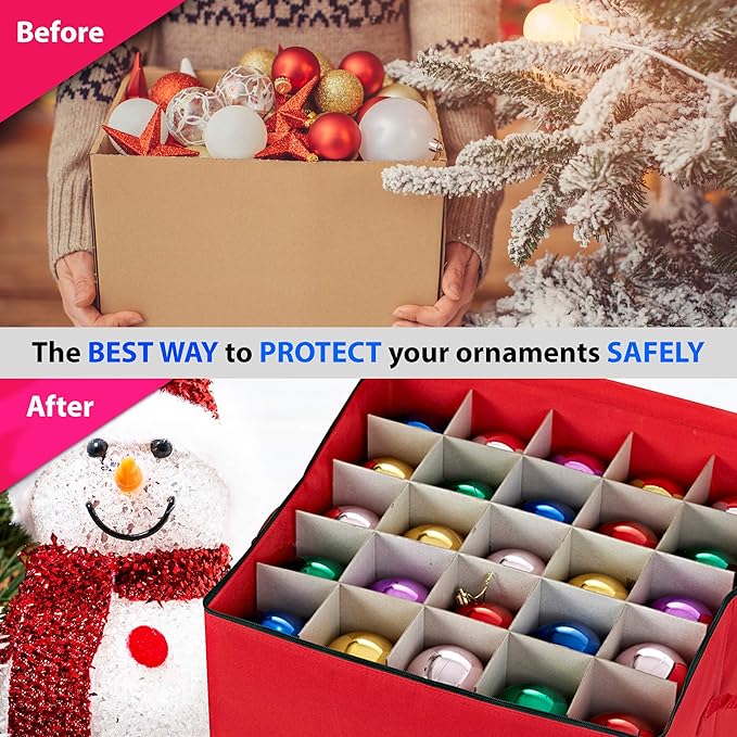 ProPik Large Christmas Ornament Storage Box, Organizer Holds Up to 75 Xmas Ornaments Balls, Holiday Decorations Accessories Storage Container with Dividers, Durable 600D Oxford (Red)