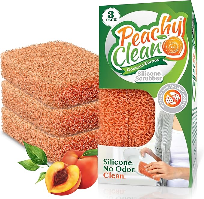 Peachy Clean Silicone Dish Sponge Scrubbers, Fresh Peach Scent, Non-Scratch, Odor-Resistant, Durable Dish Sponges for Kitchen 3pk