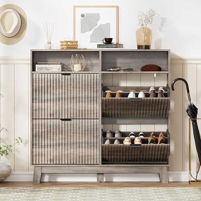 Shoe Cabinet Storage for Entryway with 4 Flip Drawers, Fluted Narrow Shoe Organizer with Wooden Legs & Top Cubby, Freestanding Slim Shoe Storage Hidden Shoe Rack for Front Door Entrance, Grey