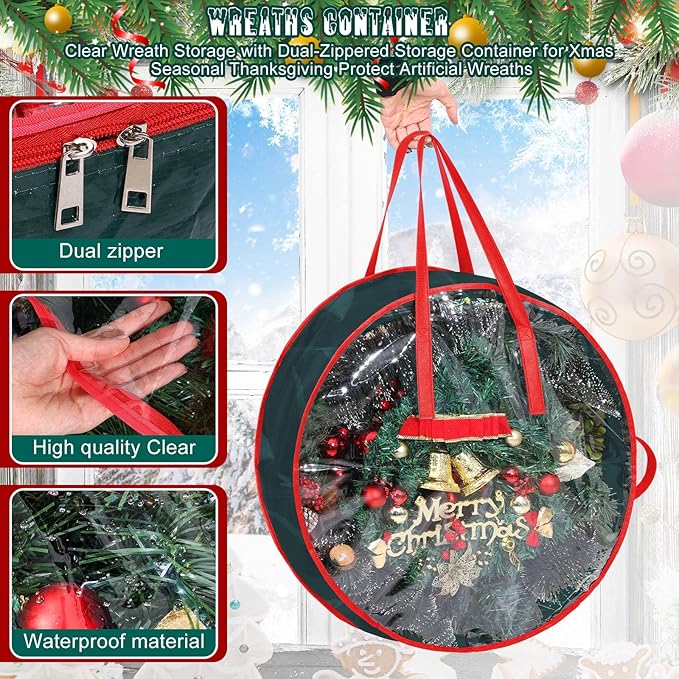Shappy 4 Pcs Christmas Wreath Storage Bag Wreath Storage Container with Clear Window Plaid Box with Handles for Storing Garland Holiday Wrapping(Green,24 x 8 Inch)