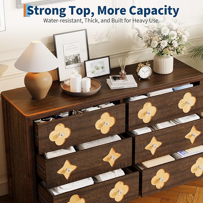 Garvee Dresser for Bedroom with 6 Drawers, 47.2'' Wide Chest of Large Decorative Drawer Front with Large Clothes Storage Cabinet, Wood Bedroom Dresser, TV Stand for Nursery, Living Room, Brown