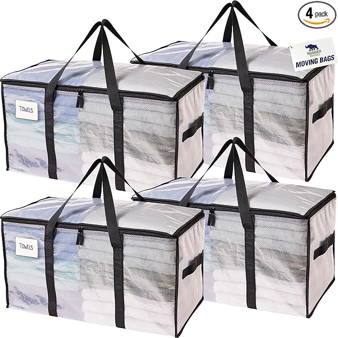 RUGGED RHINO 4 Pack Heavy Duty Extra Large Moving Bags, Durable Bag with Strong Handles and Zipper, Moving Boxes Alternative for College Packing, Holiday Décor, Space Saving Storage with Label, Clear