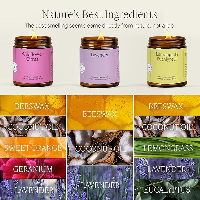 Fontana Candle Co Wood Wick Beeswax Jar Candles - 3-Jar Spring Bundle - Made with Coconut Oil & Pure Essential Oils – Clean Burn, Long Lasting and Non-Toxic Candles for Home & Room Decor