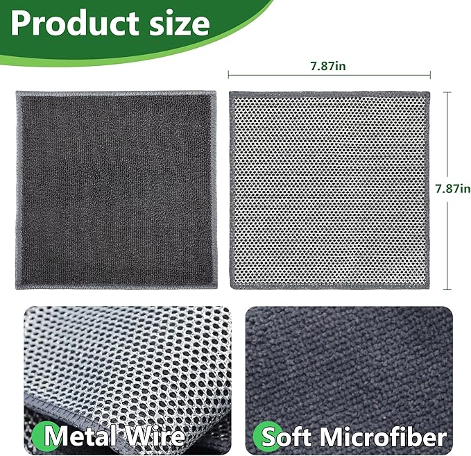 6 Pack Multipurpose Wire Dishcloths, Non-Scratch Dishwashing Rags, Double-Layer Microfiber Metal Dish Rags for Washing Dishes, Wet or Dry Reuseable for Cookware/Pan Housework Clean-7.87''x7.87''