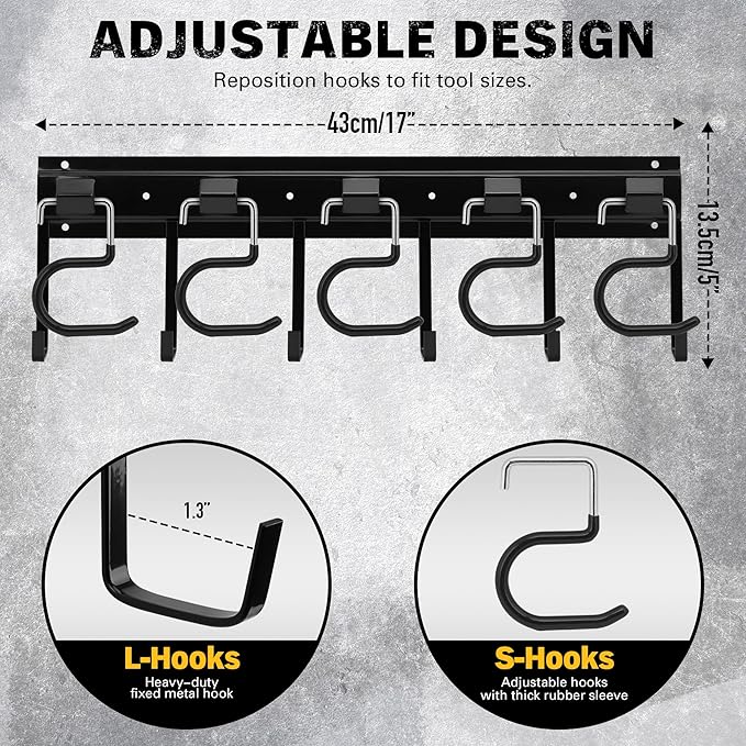 ELEAD 68'' All Metal Adjustable Garden Tool Organizer: Garage Tool Organizer Wall Mount with Black Hooks, Garage Organizers and Storage, Tool Hangers for Shed