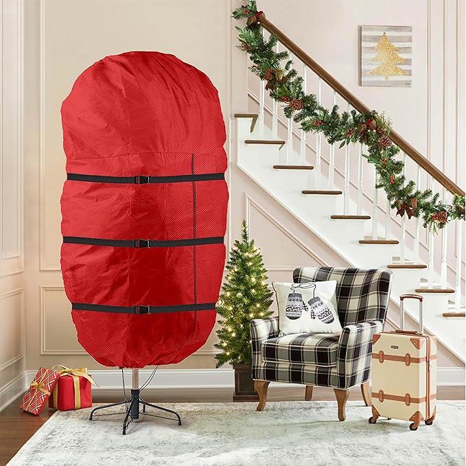 ZOBER Upright Christmas Tree Storage Bag With Drawstring Hem - Oxford Waterproof Fabric Christmas Tree Bag For Storage Box For Xmas - Strong, Durable Straps & Handles (Red W/Straps, 9 Feet)
