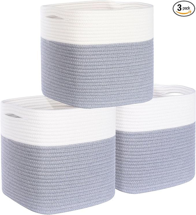 MINTWOOD Design 3-Pack 11x11in Woven Cube Storage Bin and Shelf Baskets, Cute Decorative Square Organizer for Closet, Classroom, Bathroom, Dog and Cat Toys, and Books, Grey