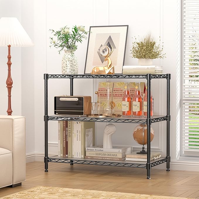 RackBro 3-Tier Storage Shelves 795LBS Metal Shelving Unit, Adjustable Wire Rack Small Shelf Organizer with 3 Shelf Liners for Kitchen Pantry Office Bedroom Closet Garage 24" W x 14" D x 30" H Black