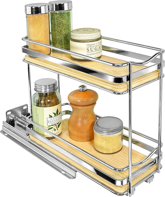 LYNK PROFESSIONAL® Élite™ Pull Out Spice Rack Organizer for Inside Kitchen Cabinets - 4-3/8 inch Wide - Slide Out Drawer – Wood/Chrome Sliding Spice Cabinet Organization Shelf Racks - 2 Tier